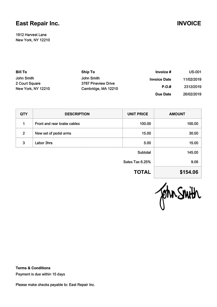 East Repair invoice used as the PDF to Excel conversion example