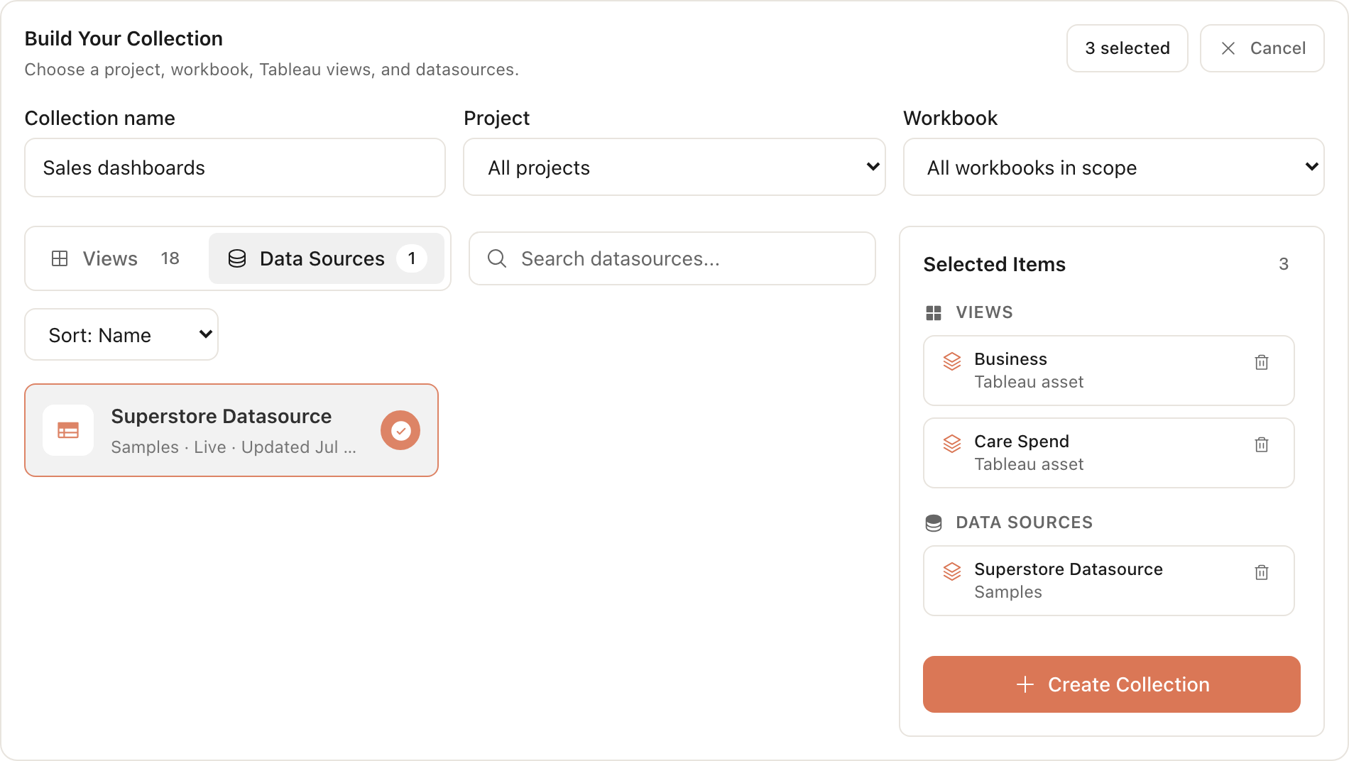 Formula Bot Tableau collection builder with selected datasources