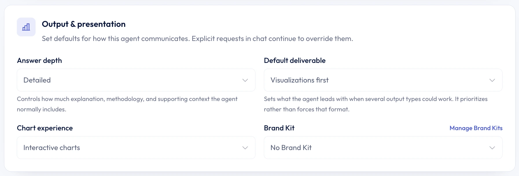 Marketing Performance Analyst showing answer depth, default deliverable, chart experience, and Brand Kit controls
