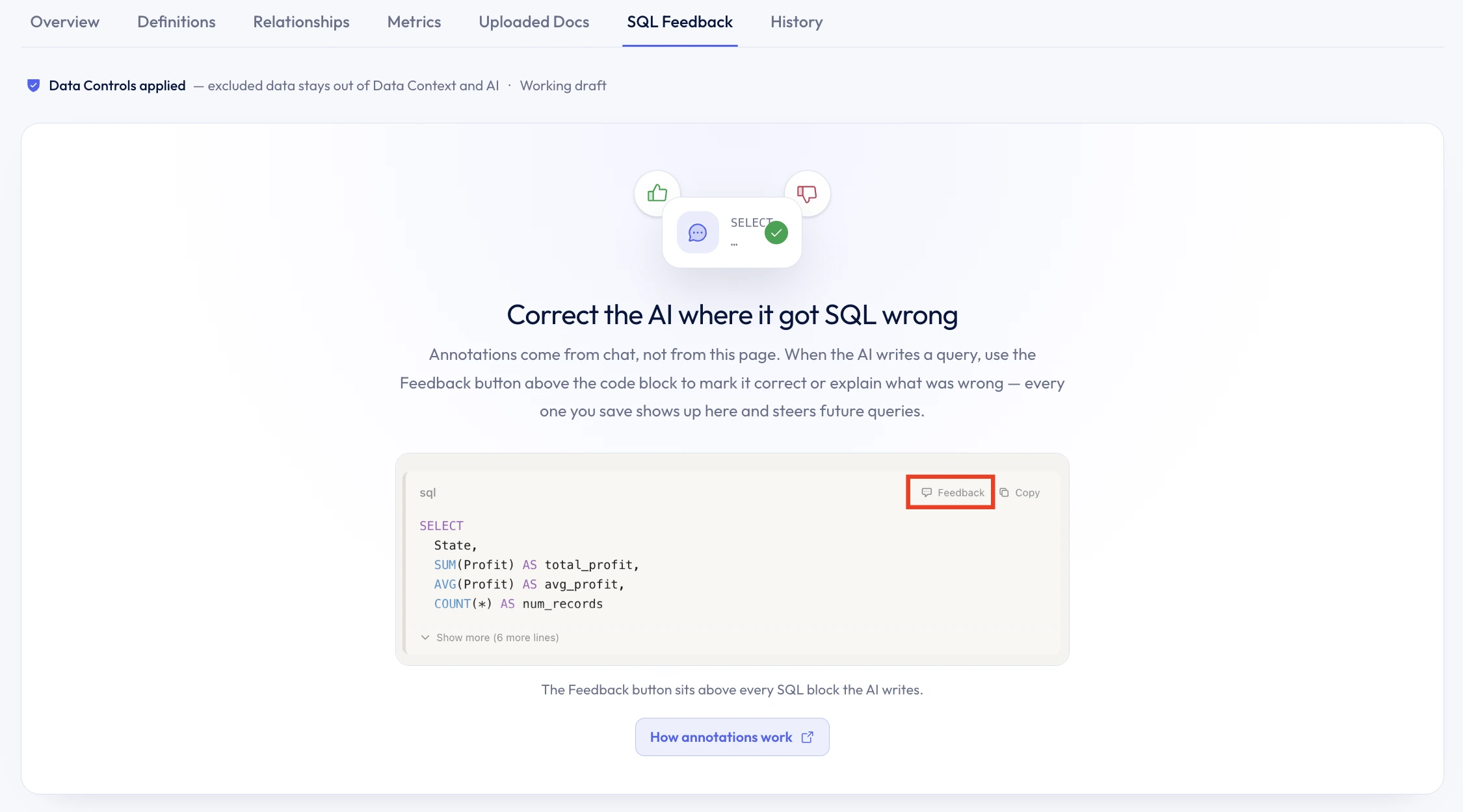 SQL Feedback screen explaining how reviewed query annotations steer future SQL